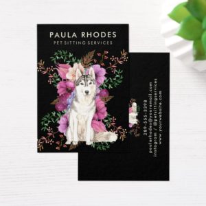 Pet Sitter Dog Walker Floral Watercolor Husky Art Business Card