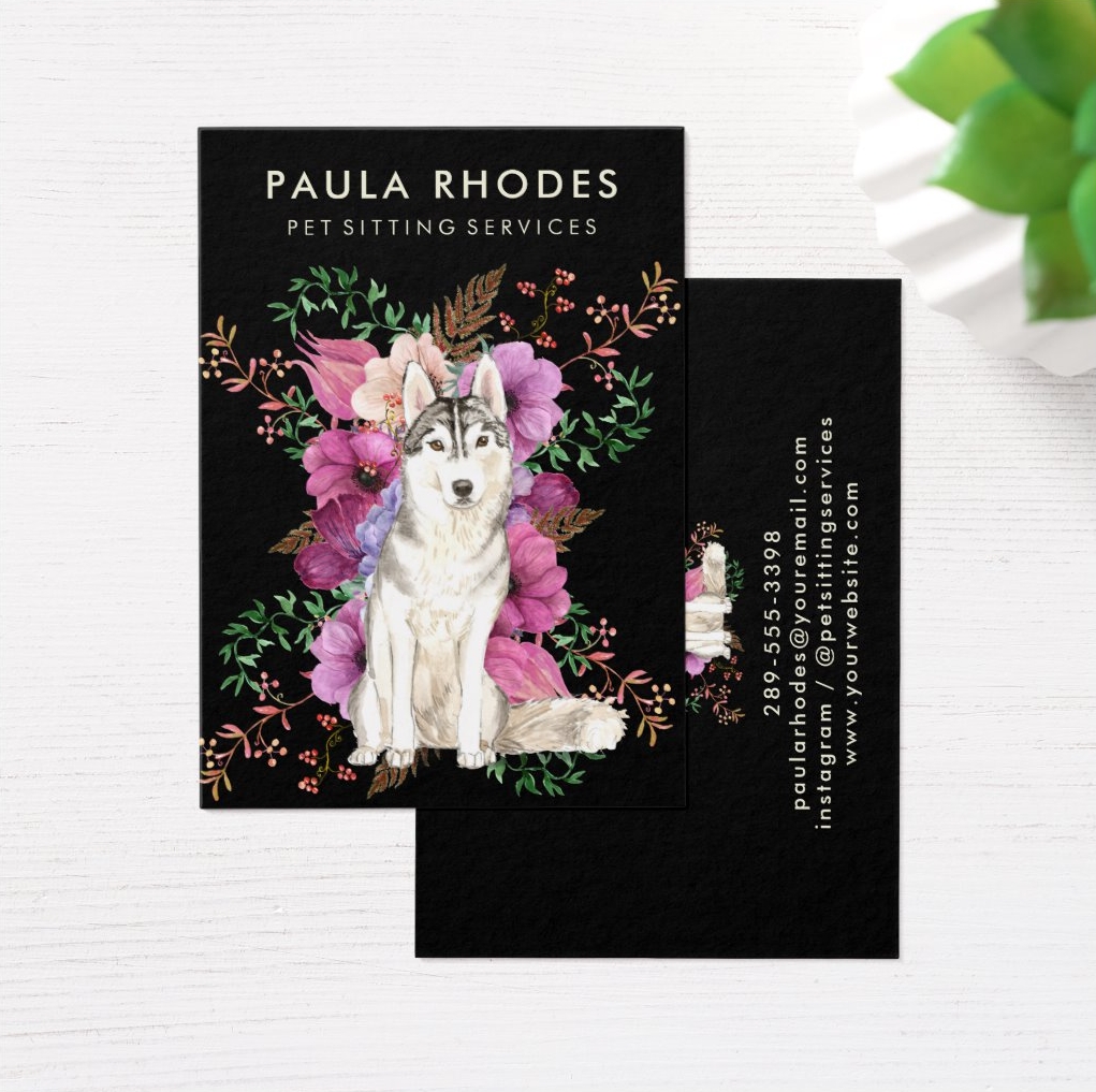 Pet Sitter Dog Walker Floral Watercolor Husky Art Business Card