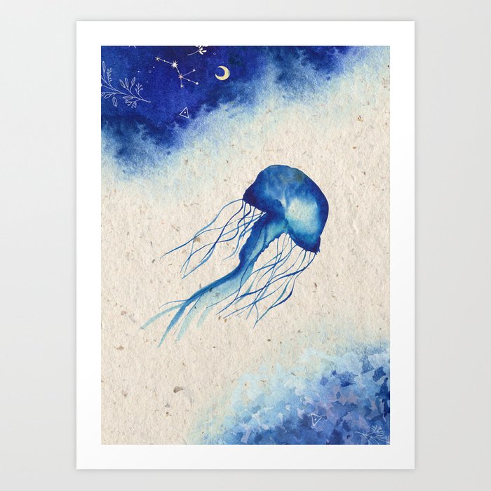 Blue Jellyfish Ocean Magical Underwater Watercolor Art Print