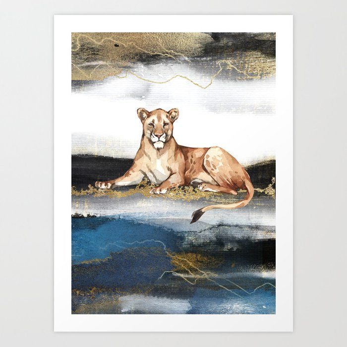 Lioness Watercolor Animal Art Painting With Gold Art Print – Garden Of Delights